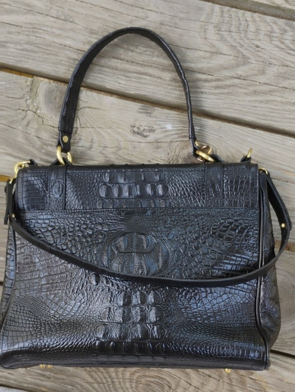 Brahmin Black Croc-Embossed 3 Compartment Messenger Bag/:Satchel - Picture 4 of 14